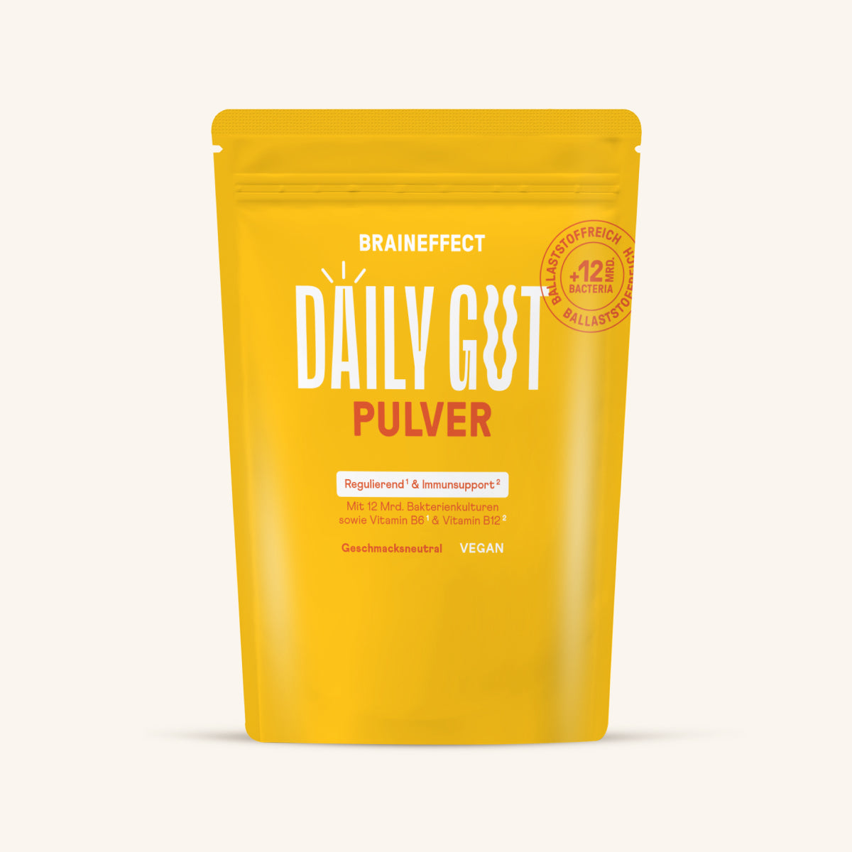 Gelbe Verpackung von BRAINEFFECT DAILY GUT PULVER, vegan, geschmacksneutral, mit 12 Milliarden Bakterienkulturen.