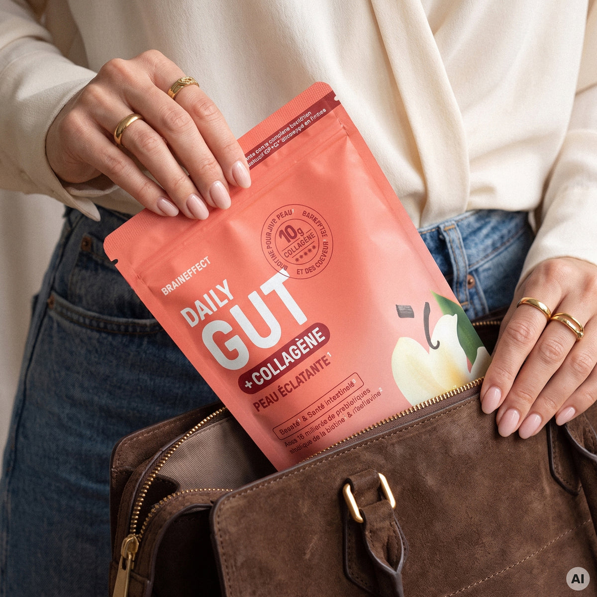 Hände halten eine rosafarbene BRAINEFFECT "DAILY GUT + COLLAGÈNE PEAU ÉCLATANTE 1" Verpackung beim Einstecken in eine braune Wildledertasche.