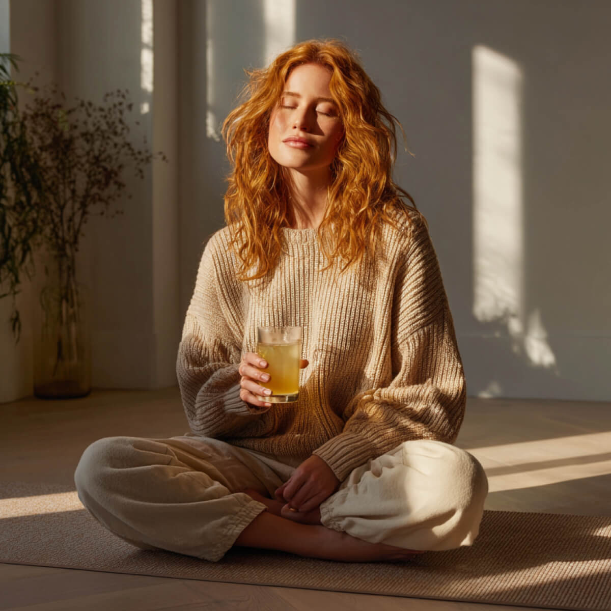 Eine Frau mit lockigem, rotem Haar sitzt mit geschlossenen Augen und einem Glas Getränk in der Hand, umgeben von sanften Lichtstrahlen.