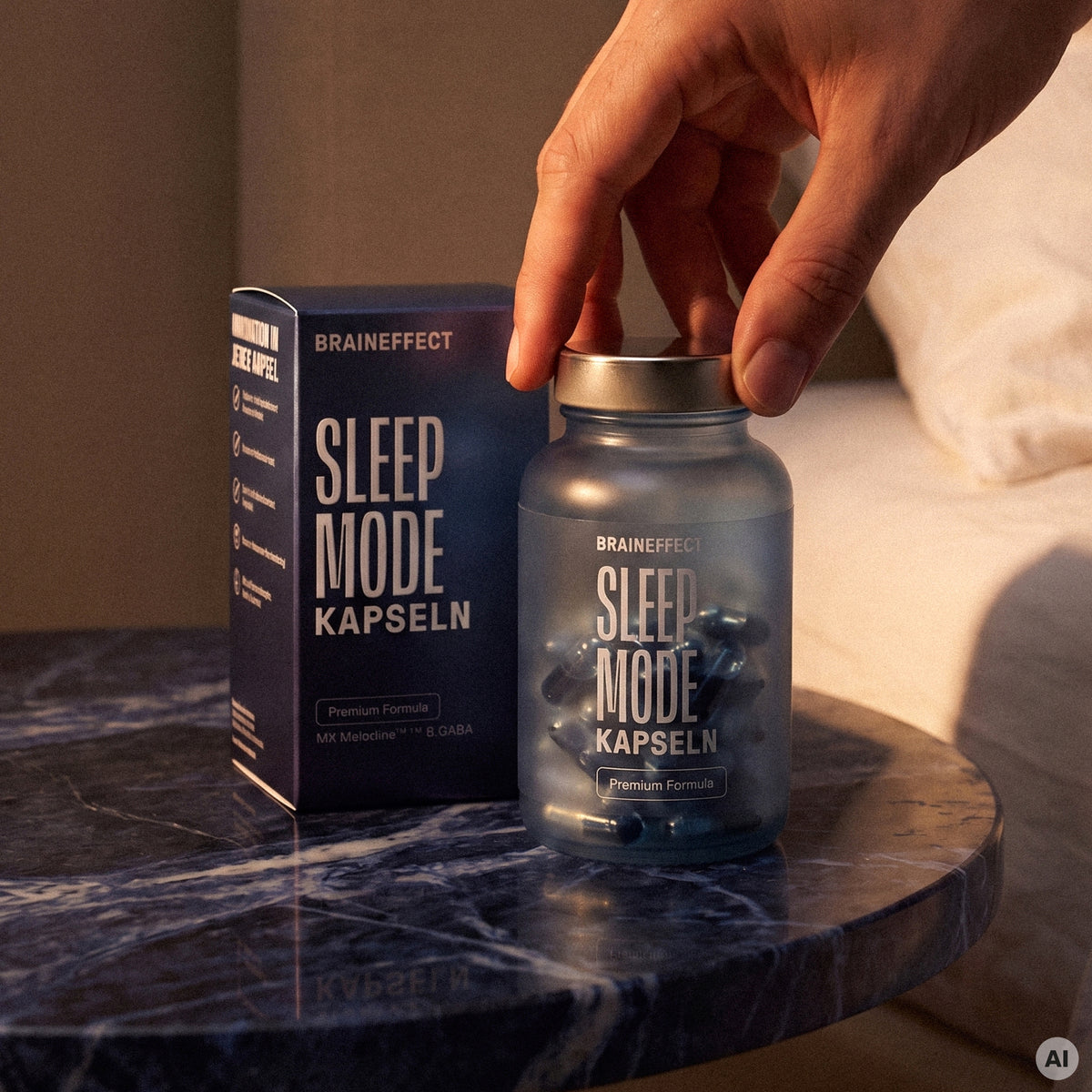 Eine Hand öffnet eine blaue BRAINEFFECT Dose mit der Aufschrift "BRAINEFFECT SLEEP MODE KAPSELN Premium Formula", neben der Verpackung auf einem blauen Tisch stehend