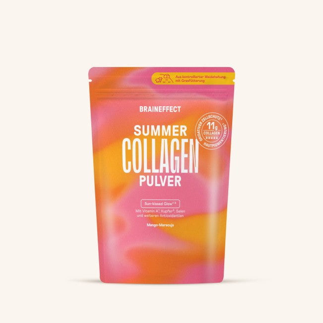 Bunte Verpackung mit dem Aufdruck 'SUMMER COLLAGEN PULVER', aromatisiert mit Mango, für eine harmonische Wellness-Routine.