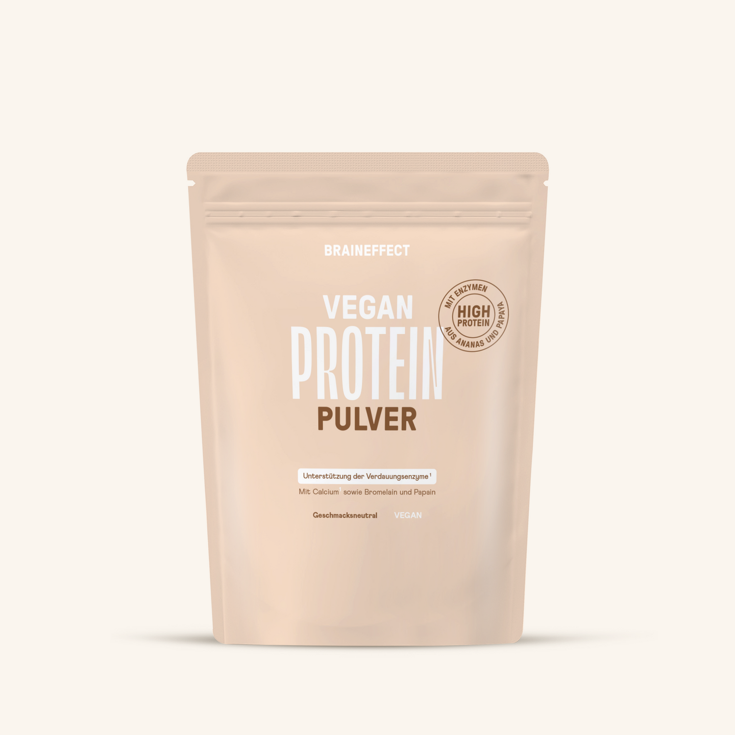 Beige Verpackung mit dem Aufdruck "VEGAN PROTEIN PULVER" und Hinweisen zu Inhaltsstoffen.