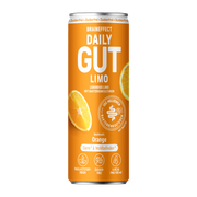 Orangefarbene BRAINEFFECT DAILY GUT LIMO Dose mit Orangenscheiben und den Aufschriften "Zuckerfrei", "BRAINEFFECT DAILY GUT LIMO", "LEBENDIGE LIMO MIT BAKTERIENKULTUREN", "100 MILLIONEN BAKTERIENKULTUREN MIT NIACIN", "Geschmack: Orange"