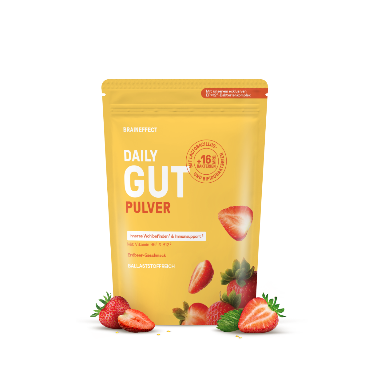 Gelber Standbeutel BRAINEFFECT DAILY GUT PULVER mit Erdbeeren auf schwarzem Grund und der Aufschrift "Mit unserem exklusiven EP×12®-Bakterienkomplex", "BRAINEFFECT", "DAILY GUT PULVER", "MIT LACTOBACILLUS +16 MRD. BAKTERIEN UND BIFIDOBAKTERIEN"
