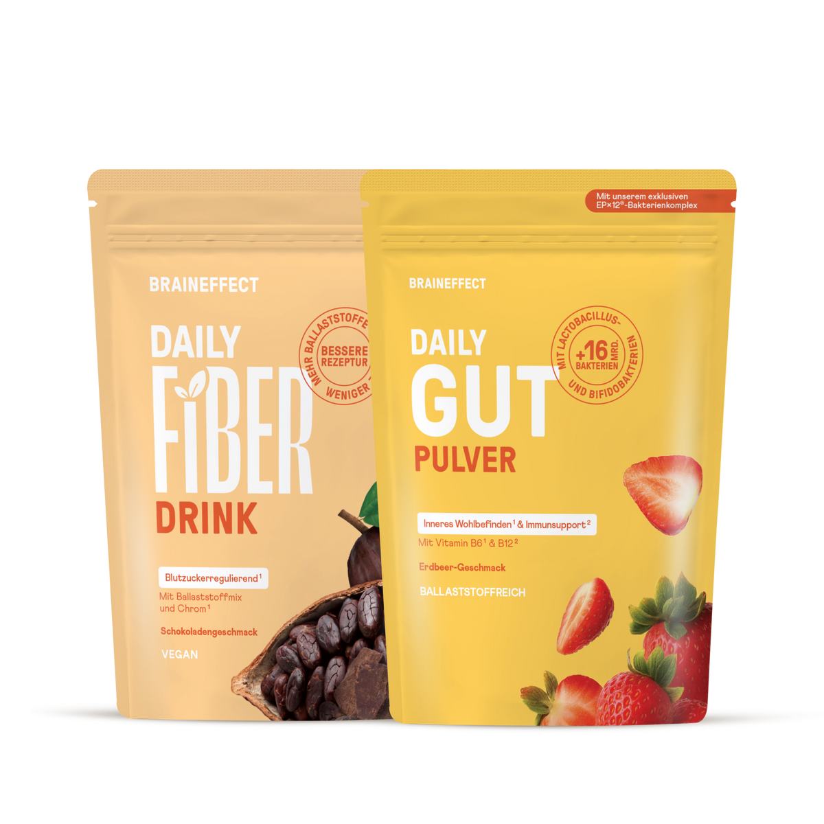 Deux sachets souples BRAINEFFECT sur fond noir avec les inscriptions "BRAINEFFECT DAILY FIBER DRINK" et "BRAINEFFECT DAILY GUT PULVER".