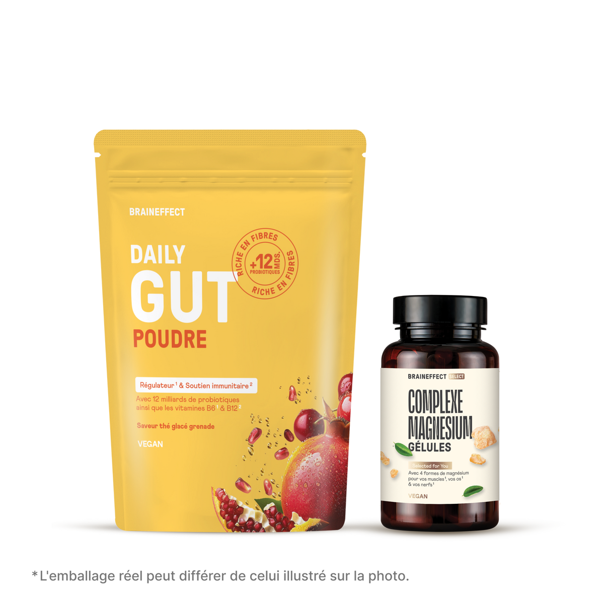 Deux produits BRAINEFFECT sur fond noir : un sachet jaune "DAILY GUT POUDRE" avec des motifs de grenade et un flacon marron "COMPLEXE MAGNESIUM GÉLULES", ainsi que le texte "* L'emballage réel peut différer de celui illustré sur la photo."