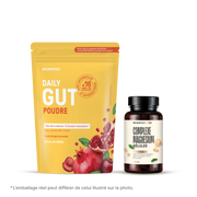 BRAINEFFECT Daily Gut Poudre et BRAINEFFECT Complexe Magnesium Gélules sur fond noir avec les textes "Avec notre complexe bactérien exclusif EP×12® provenant de France", "BRAINEFFECT DAILY GUT POUDRE"