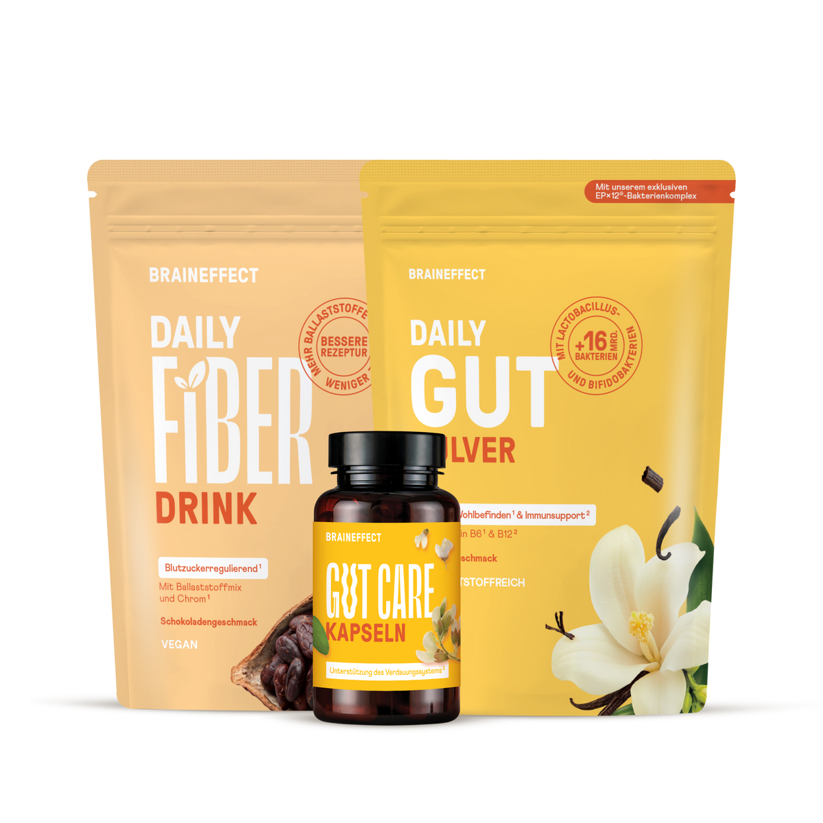 Zwei Beutel und eine Dose BRAINEFFECT Nahrungsergänzungsmittel mit den Aufschriften "BRAINEFFECT DAILY FIBER DRINK", "BRAINEFFECT GUT CARE Kapseln" und "BRAINEFFECT DAILY GUT".
