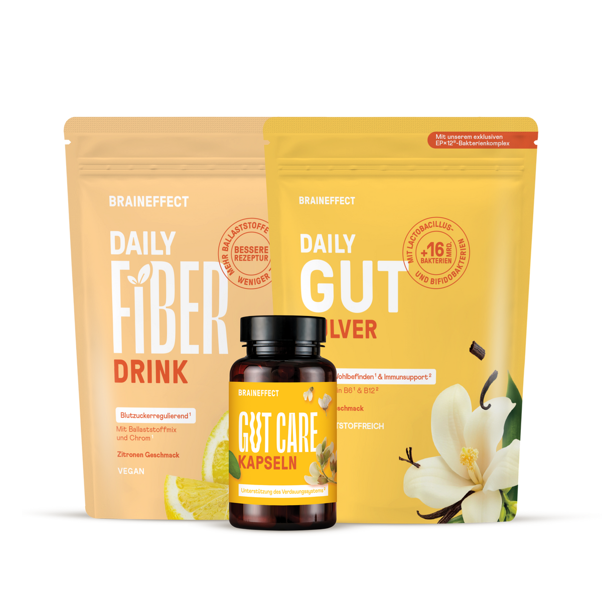 Drei BRAINEFFECT Produkte vor schwarzem Hintergrund mit den Aufschriften "BRAINEFFECT", "DAILY FIBER DRINK", "Blutzuckerregulierend", "Mit Ballaststoffmix und Chrom", "Zitronen Geschmack", "VEGAN", "BRAINEFFECT", "GUT CARE KAPSELN"