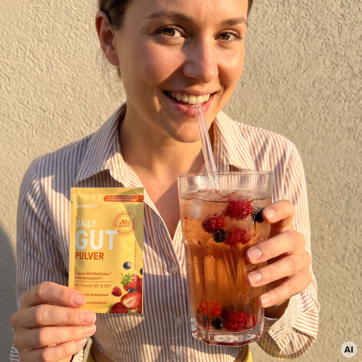 Eine lächelnde Frau hält einen gelben Portionsbeutel mit der Aufschrift "DAILY GUT PULVER" sowie ein Glas mit einem Beerendrink und Strohhalm.