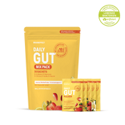 BRAINEFFECT DAILY GUT MIX PACK pouch and portion sachets against a black background with the text "BRAINEFFECT DAILY GUT MIX PACK 30 SACHETS 6x Erdbeere, 6x Beerenmix, 6x Zitrone, 6x Vanille, 6x Neutral Inneres Wohlbefinden & Immunsupport"