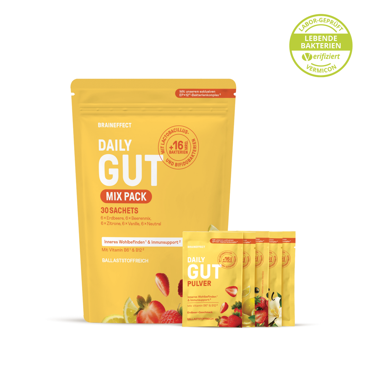 BRAINEFFECT DAILY GUT MIX PACK pouch and portion sachets against a black background with the text "BRAINEFFECT DAILY GUT MIX PACK 30 SACHETS 6x Erdbeere, 6x Beerenmix, 6x Zitrone, 6x Vanille, 6x Neutral Inneres Wohlbefinden & Immunsupport"