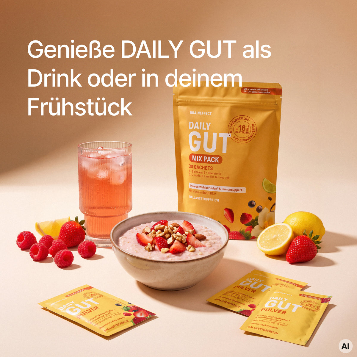 Genieße DAILY GUT als Drink oder in deinem Frühstück with a yellow background, showing a DAILY GUT Mix Pack pouch, a drink, a bowl of porridge, and fresh fruits.