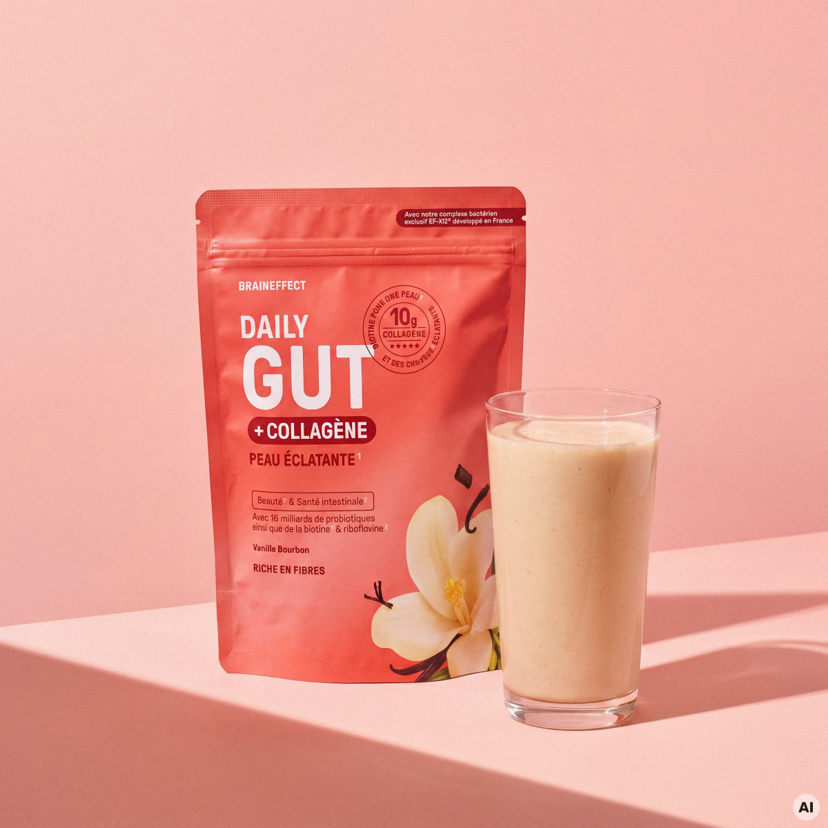 BRAINEFFECT Beutel mit Aufschrift "BRAINEFFECT DAILY GUT + COLLAGÈNE PEAU ÉCLATANTE", "Beauté & Santé intestinale", "Avec 16 milliards de probiotiques ainsi que de la biotine & riboflavine", "Vanille Bourbon", "RICHE EN FIBRES"
