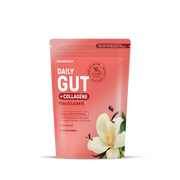 Sachet rose BRAINEFFECT avec le texte "BRAINEFFECT DAILY GUT + COLLAGÈNE PEAU ÉCLATANTE 1" et une fleur de vanille.
