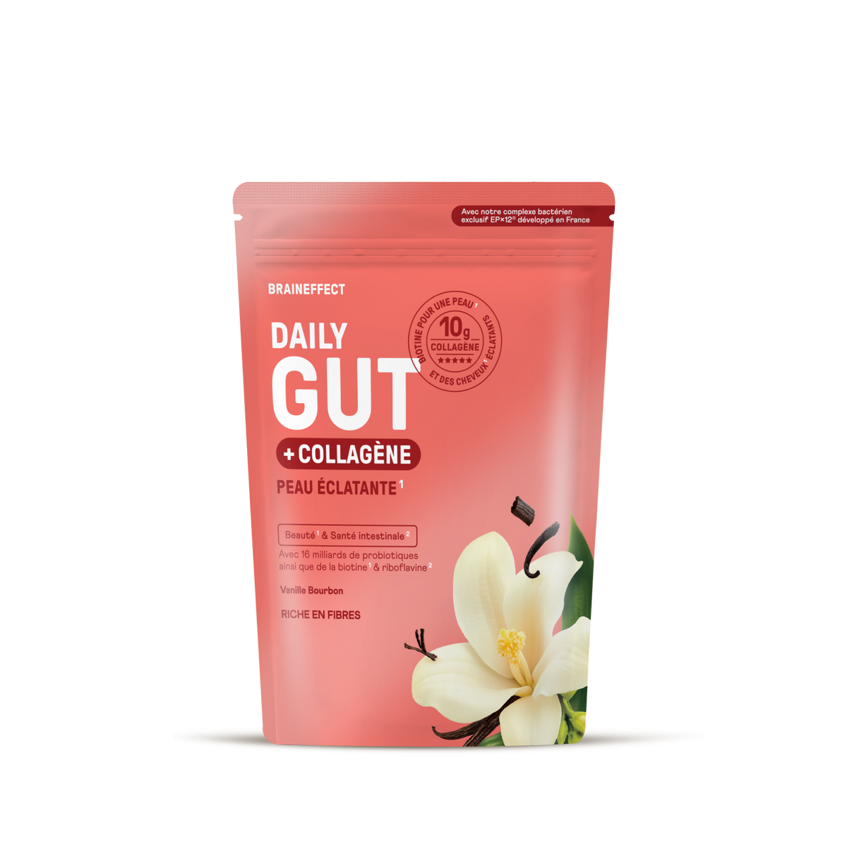 Sachet rose BRAINEFFECT avec le texte "BRAINEFFECT DAILY GUT + COLLAGÈNE PEAU ÉCLATANTE 1" et une fleur de vanille.