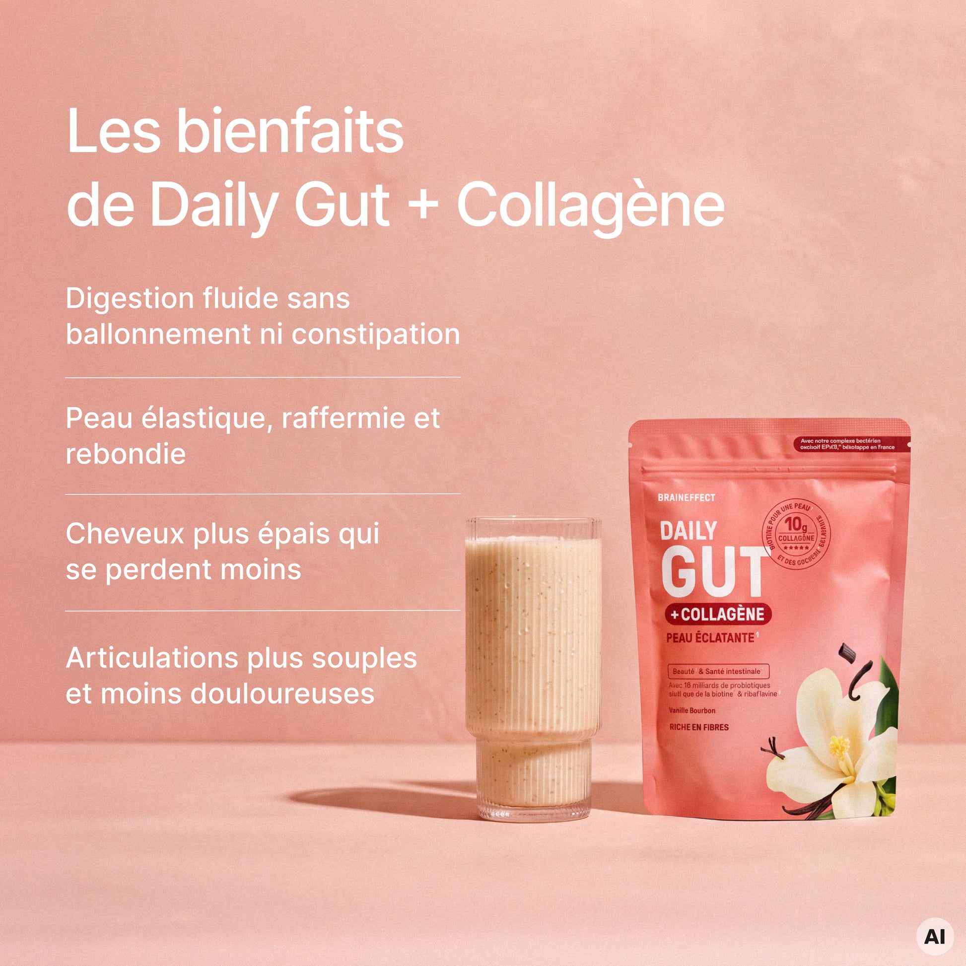Infografik mit dem Text "Les bienfaits de Daily Gut + Collagène", "Digestion fluide sans ballonnement ni constipation", "Peau élastique, raffermie et rebondie", "Cheveux plus épais qui se perdent moins"