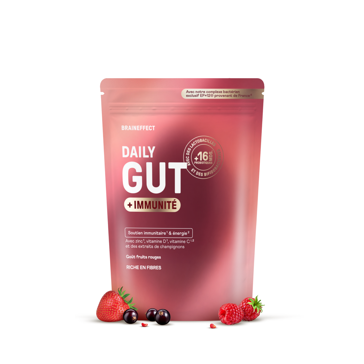 Pink BRAINEFFECT Daily Gut pouch featuring the text "Avec notre complexe bactérien exclusif EP×12® provenant de France", "BRAINEFFECT", "DAILY GUT", "+ IMMUNITÉ", "AVEC DES LACTOBACILLES ET DES BIFIDOBACTÉRIES", "+16 MDS. PROBIOTIQUES"
