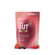 Sachet rose BRAINEFFECT Daily Gut affichant les textes "Avec notre complexe bactérien exclusif EP×12® provenant de France", "BRAINEFFECT", "DAILY GUT", "+ IMMUNITÉ", "AVEC DES LACTOBACILLES ET DES BIFIDOBACTÉRIES", "+16 MDS. PROBIOTIQUES"