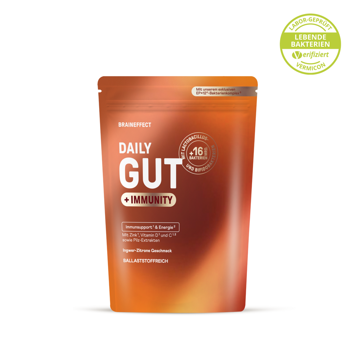 BRAINEFFECT Daily Gut + Immunity Pulver in einem orangefarbenen Standbodenbeutel mit den Aufschriften "BRAINEFFECT", "DAILY GUT", "+IMMUNITY", "Immunkupport & Energie", "Mit Zink, Vitamin D und C sowie Pilz-Extrakten", "Ingwer-Zitrone Geschmack"