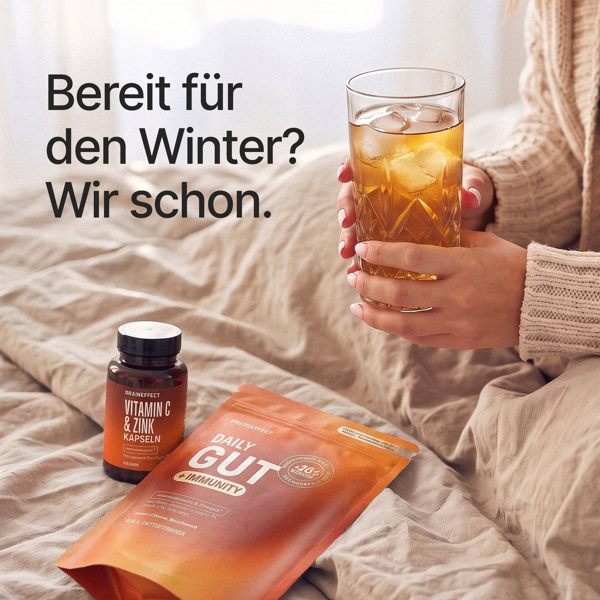 Mit dem Text "Bereit für den Winter? Wir schon.", zeigt das Bild BRAINEFFECT Produkte neben einem Glas mit Eiswürfeln.