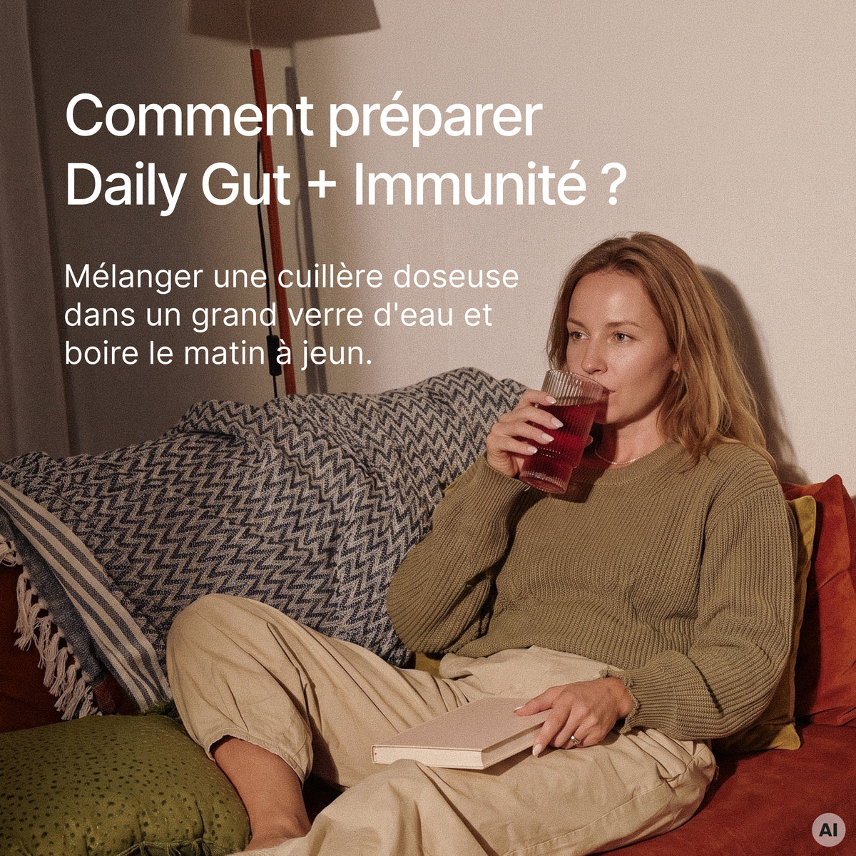 Femme assise sur un canapé avec un livre, buvant dans un verre, avec le texte "Comment préparer Daily Gut + Immunité ?" et "Mélanger une cuillère doseuse dans un grand verre d'eau et boire le matin à jeun."
