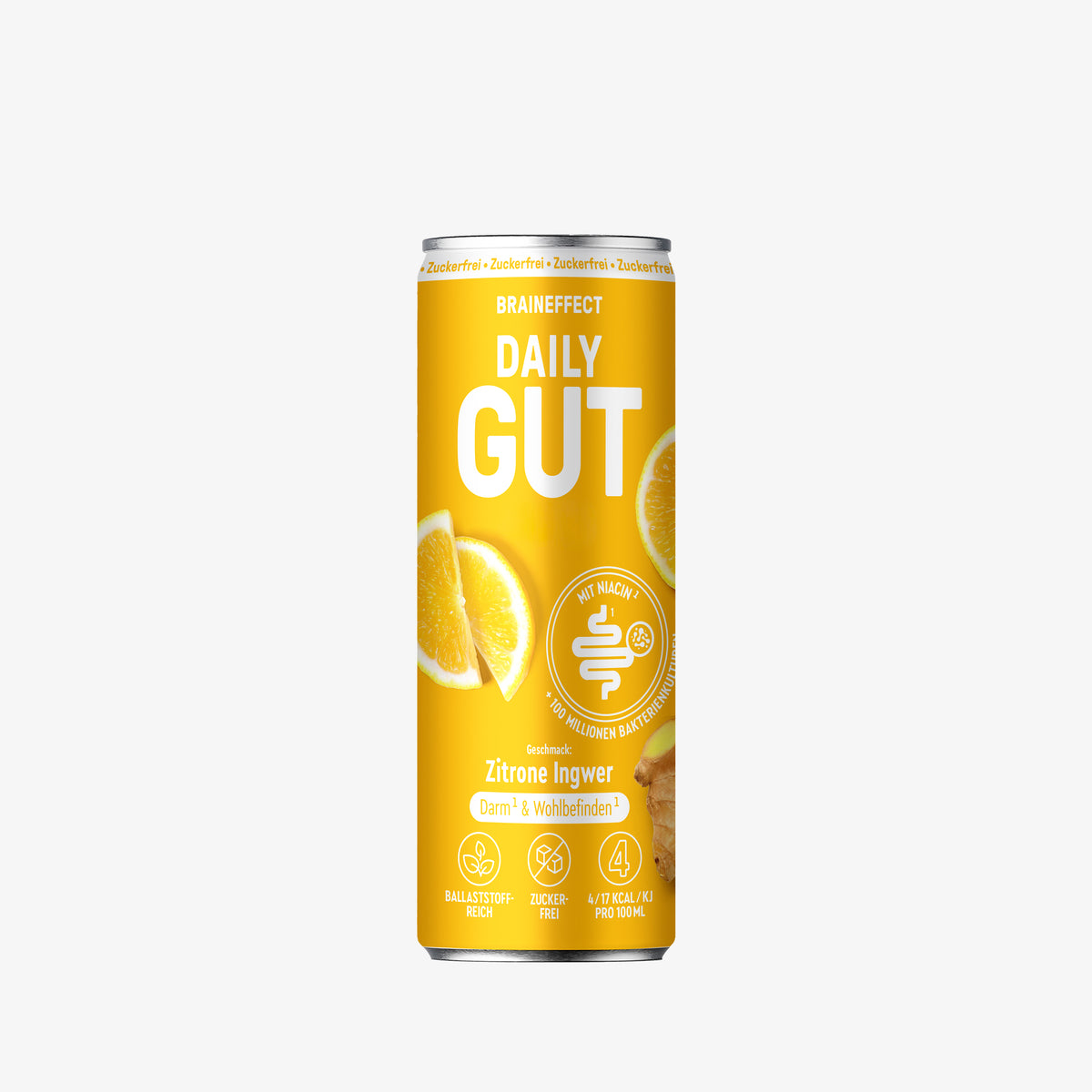 Canette jaune BRAINEFFECT Daily Gut affichant les textes " Zuckerfrei ", " BRAINEFFECT ", " DAILY GUT ", " MIT NIACIN ", " + 100 MILLIONEN BAKTERIENKULTUREN ", " Geschmack: Zitrone Ingwer ", " Darm¹ & Wohlbefinden¹ ", " BALLASTSTOFF-REICH "