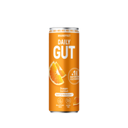 Orangefarbene BRAINEFFECT Dose "DAILY GUT" mit Aufschriften "NEU", "BRAINEFFECT", "DAILY GUT", "+1 MRD. BAKTERIEN KULTUREN", "Orangen-Geschmack", "Darm & Wohlbefinden", "BALLASTSTOFF-REICH" und "ZUCKER-FREI"