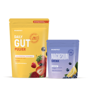 Two BRAINEFFECT pouches on a black background, featuring the yellow "DAILY GUT PULVER" pouch on the left and the purple "MAGNESIUM DRINK" pouch on the right.