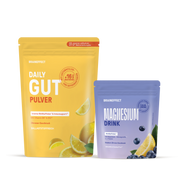 Two BRAINEFFECT pouches featuring text such as "DAILY GUT PULVER", "Mit unserem exklusiven EP×12®-Bakterienkomplex", "+16 MRD. BAKTERIEN", "Innere Wohlbefinden¹ & Immunsupport²", "Mit Vitamin B6¹ & B12²", "Zitronen-Geschmack", "BALLASTSTOFFREICH"