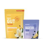 Two BRAINEFFECT pouches against a black background labeled "BRAINEFFECT DAILY GUT PULVER Mit unserem exklusiven EPX12®-Bakterienkomplex" and "BRAINEFFECT MAGNESIUM DRINK".