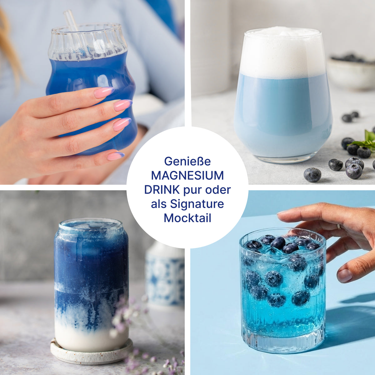 Four split views of blue drinks featuring the text "Genieße MAGNESIUM DRINK pur oder als Signature Mocktail" in a central circle