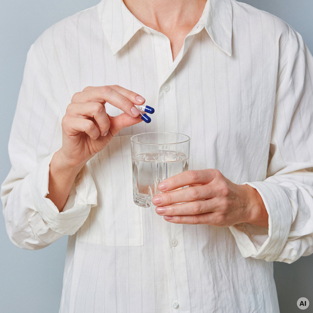 Person in a white shirt holding two blue and white BRAINEFFECT capsules and a glass of water