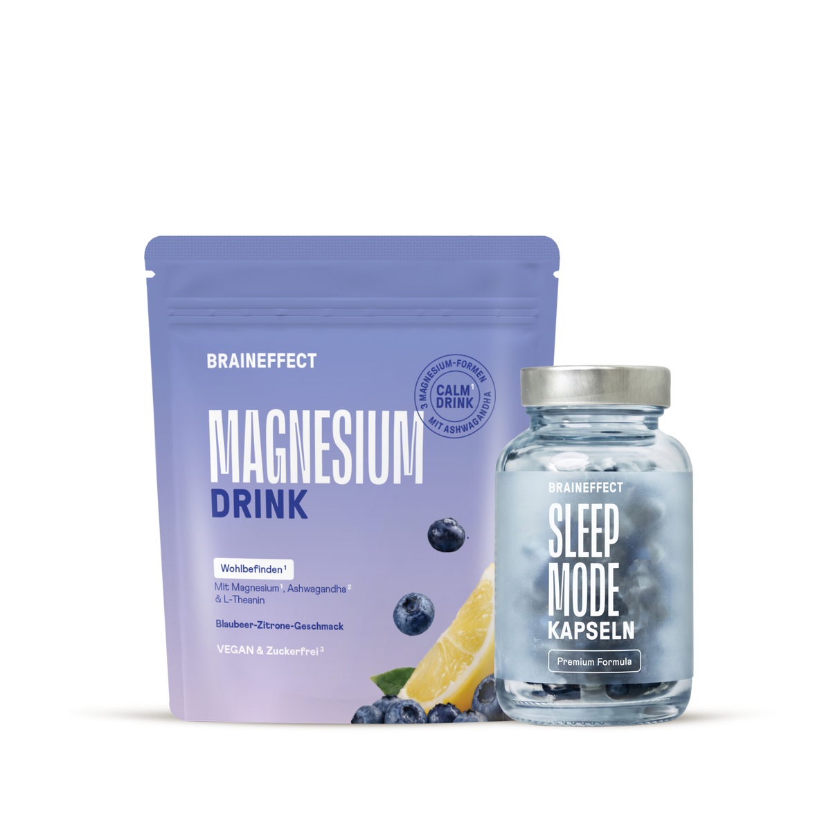 BRAINEFFECT MAGNESIUM DRINK pouch and BRAINEFFECT SLEEP MODE KAPSELN glass bottle in front of a black background featuring the text "MAGNESIUM DRINK", "BRAINEFFECT", "CALM DRINK", "MIT ASHWAGANDHA", "3 MAGNESIUM-FORMEN", "Wohlbefinden"