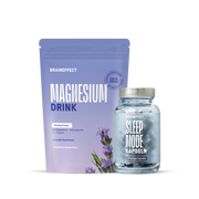 A BRAINEFFECT product packaging set consisting of a purple pouch labeled "BRAINEFFECT MAGNESIUM DRINK Wohlbefinden 1 Mit Magnesium 1, Ashwagandha 2 & L-Theanin Lavendel Geschmack VEGAN & Zuckerfrei 3 3 MAGNESIUM-FORMEN CALM 1 DRINK MIT ASHWAGANDHA"