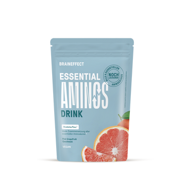 BRAINEFFECT Essential Aminos Drink Pulver im hellblauen Beutel mit Pink-Grapefruit-Geschmack und frischen Grapefruit-Stücken sowie den Aufschriften "BRAINEFFECT", "ESSENTIAL AMINOS", "DRINK", "ALLE 9 ESSENTIELLEN AMINOSÄUREN", "NOCH LECKERER"