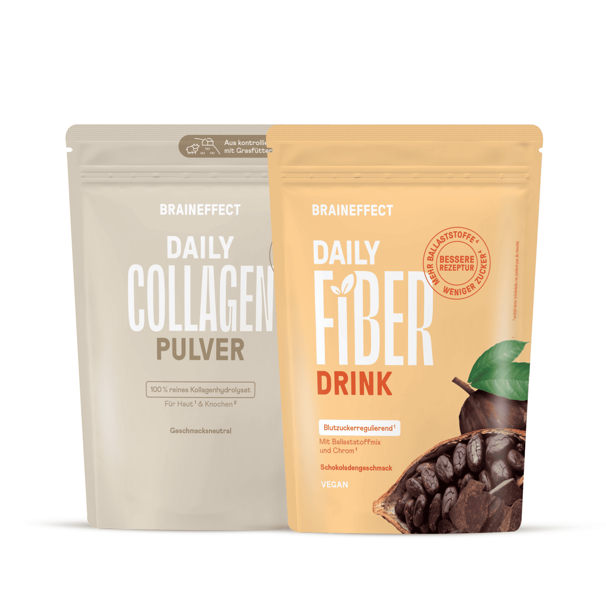 Deux sachets BRAINEFFECT côte à côte portant les inscriptions "BRAINEFFECT DAILY COLLAGEN PULVER", "100 % reines Kollagenhydrolysat", "Für Haut & Knochen", "Geschmacksneutral", "BRAINEFFECT DAILY FIBER DRINK", "Blutzuckerregulierend"