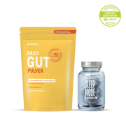 BRAINEFFECT products against a black background featuring the texts "DAILY GUT PULVER", "SLEEP MODE KAPSELN", "LABOR-GEPRÜFT LEBENDE BAKTERIEN verifiziert VERMICON", "Mit unserem exklusiven EP×12®-Bakterienkomplex"