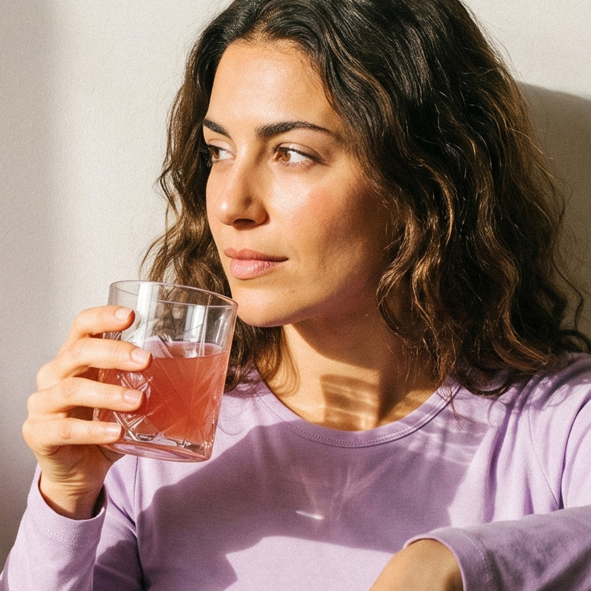 A woman with dark hair wearing a light purple top holding a glass with a reddish drink