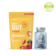 BRAINEFFECT Daily Gut Pulver pouch and Sleep Mode Kapseln jar featuring the text "DAILY GUT PULVER", "SLEEP MODE KAPSELN", "MIT LACTOBACILLUS +16 MRD. BAKTERIEN UND BIFIDOBAKTERIEN", "Mit unserem exklusiven EPX12-Bakterienkomplex"