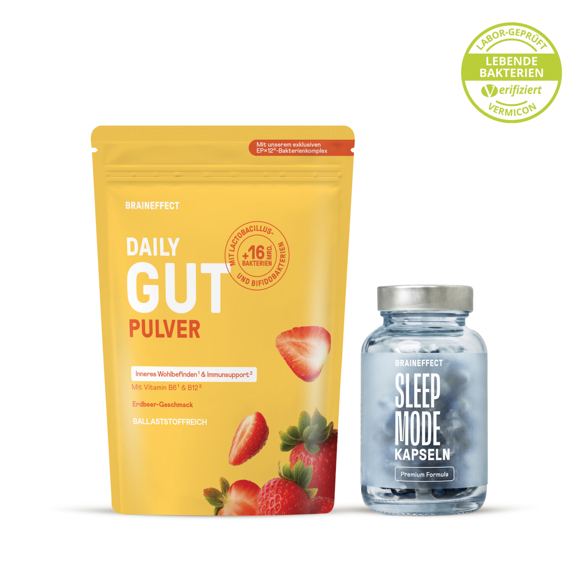 BRAINEFFECT Daily Gut Pulver pouch and Sleep Mode Kapseln jar featuring the text "DAILY GUT PULVER", "SLEEP MODE KAPSELN", "MIT LACTOBACILLUS +16 MRD. BAKTERIEN UND BIFIDOBAKTERIEN", "Mit unserem exklusiven EPX12-Bakterienkomplex"