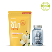 BRAINEFFECT DAILY GUT PULVER and SLEEP MODE KAPSELN against a black background with a green round seal "LABOR-GEPRÜFT LEBENDE BAKTERIEN verifiziert VERMICON", "Mit unserem exklusiven EP×12®-Bakterienkomplex", "BRAINEFFECT", "DAILY GUT PULVER"