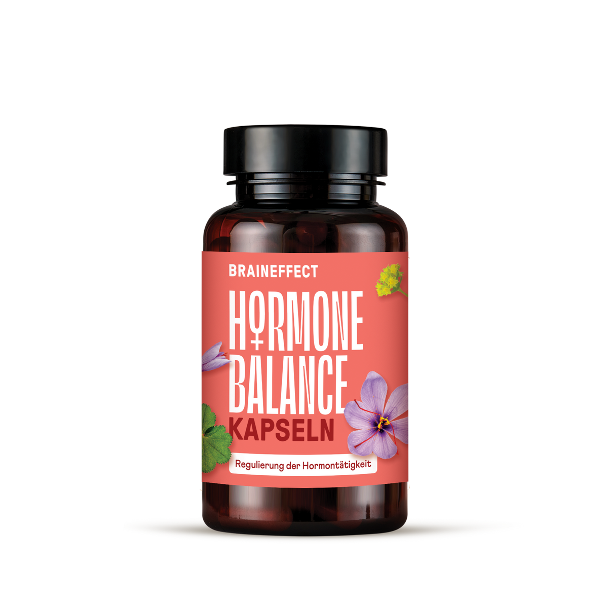 Dose BRAINEFFECT HORMONE BALANCE KAPSELN mit dem Aufdruck Regulierung der Hormontätigkeit auf rosa Etikett vor schwarzem Hintergrund.