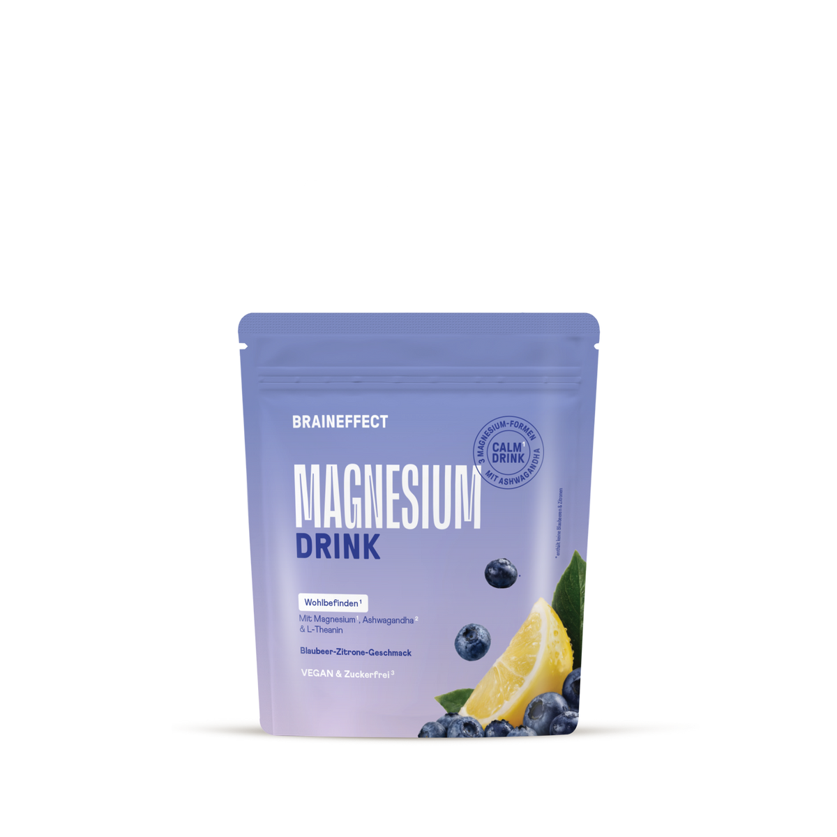 Lila Verpackungsbeutel BRAINEFFECT MAGNESIUM DRINK mit dem Text "BRAINEFFECT MAGNESIUM DRINK Wohlbefinden 1 Mit Magnesium 1, Ashwagandha 2 & L-Theanin Blaubeer-Zitrone-Geschmack VEGAN & Zuckerfrei 3 3 MAGNESIUM-FORMEN CALM DRINK MIT ASHWAGANDHA"