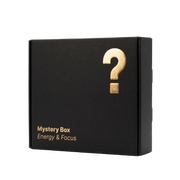 Schwarze Mystery Box von BRAINEFFECT mit goldener Aufschrift "Mystery Box Energy & Focus" und großem goldenen Fragezeichen auf schwarzem Hintergrund.