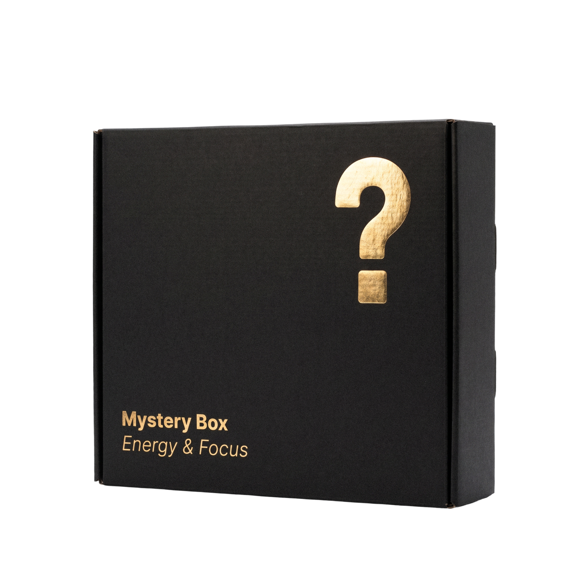 Schwarze Mystery Box von BRAINEFFECT mit goldener Aufschrift "Mystery Box Energy & Focus" und großem goldenen Fragezeichen auf schwarzem Hintergrund.
