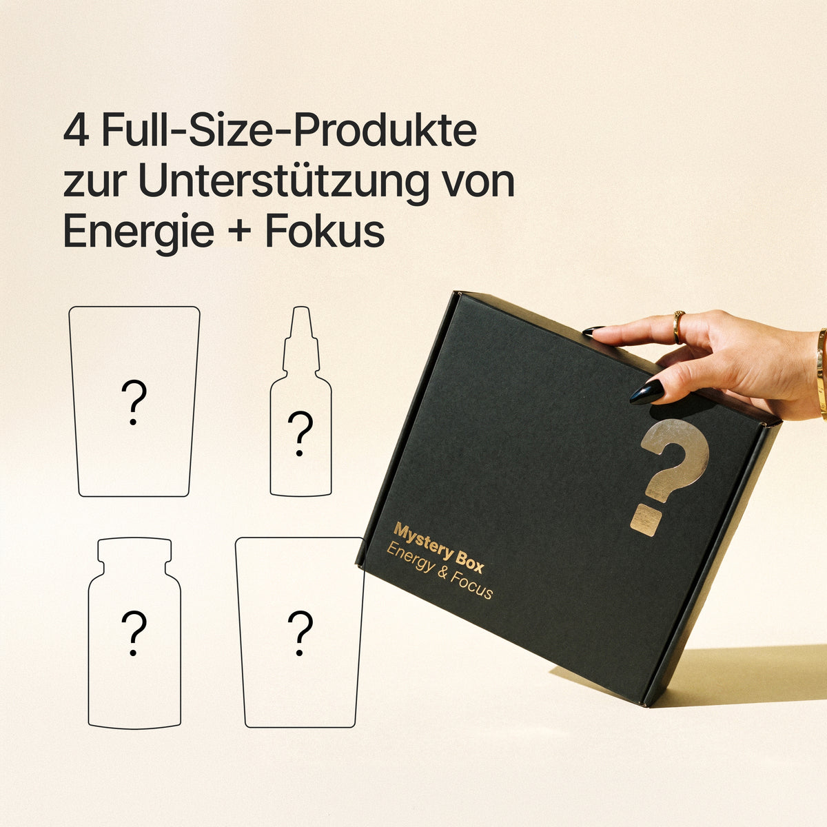 Die schwarze Mystery Box von BRAINEFFECT mit der Aufschrift "4 Full-Size-Produkte zur Unterstützung von Energie + Fokus", "Mystery Box" und "Energy & Focus" und vier skizzierten Fragezeichen-Umrissen daneben