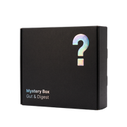 BRAINEFFECT Mystery Box mit der Aufschrift "Mystery Box Gut & Digest" und einem großen holografischen Fragezeichen auf schwarzem Karton