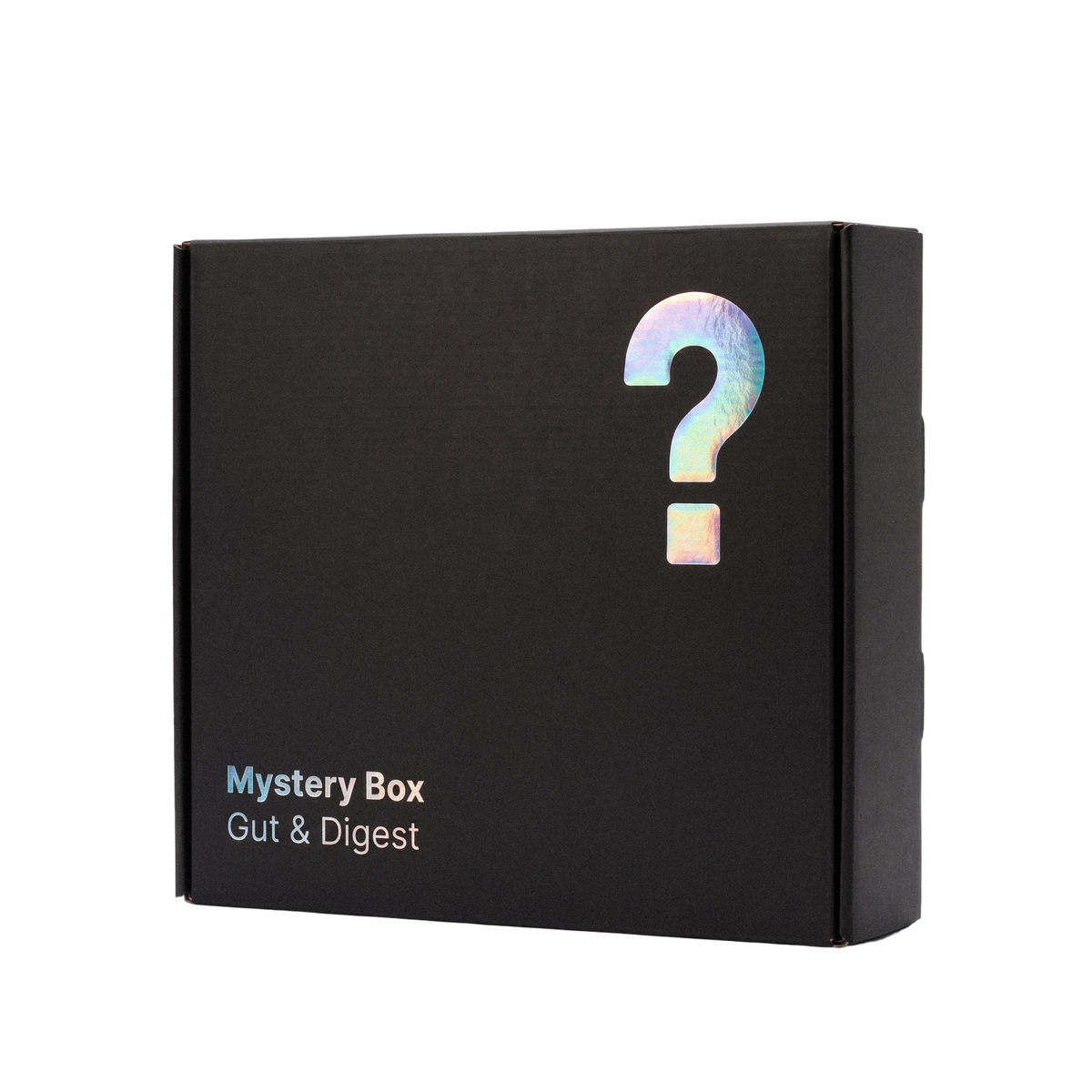 BRAINEFFECT Mystery Box mit der Aufschrift "Mystery Box Gut & Digest" und einem großen holografischen Fragezeichen auf schwarzem Karton