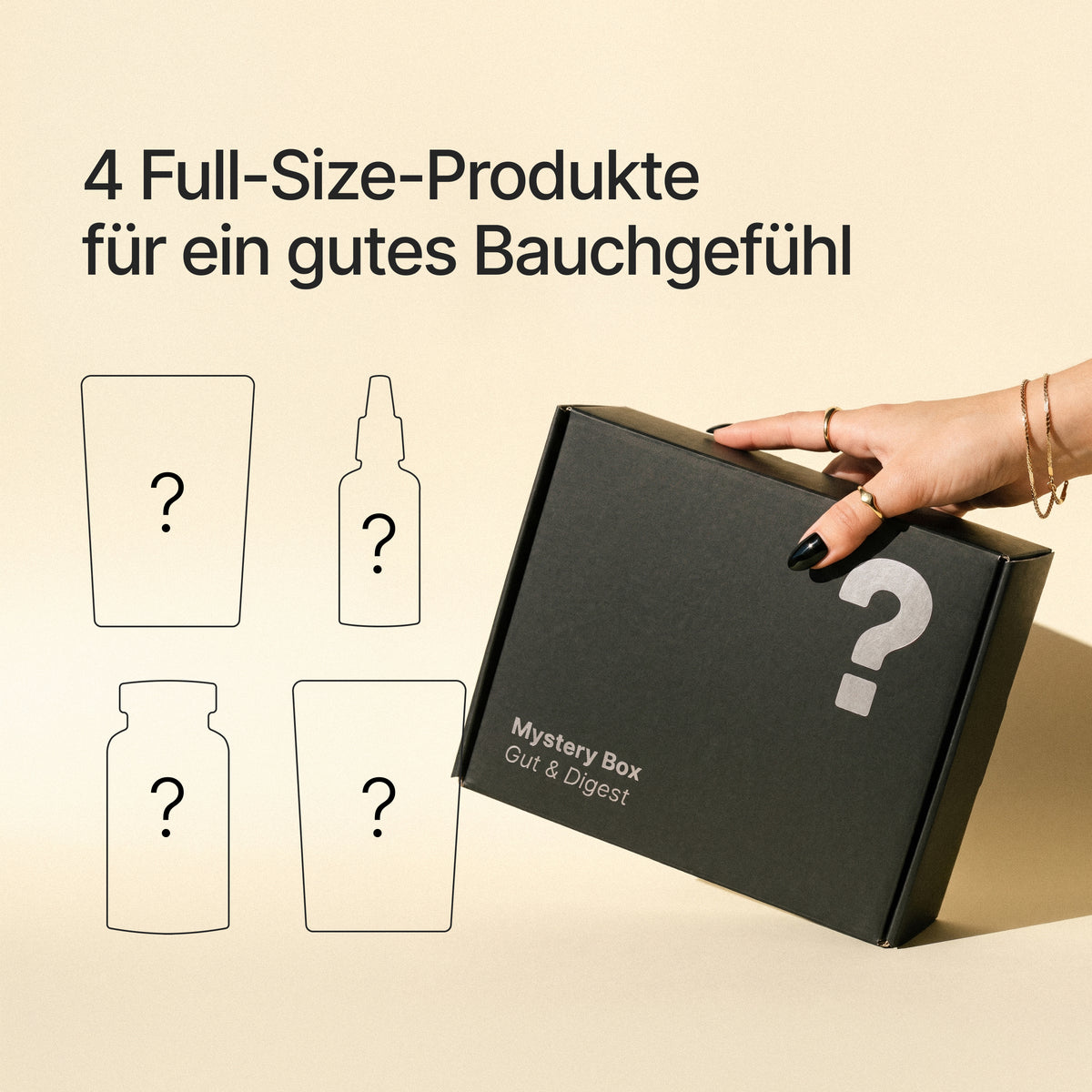 BRAINEFFECT Mystery Box Gut & Digest mit der Aufschrift "4 Full-Size-Produkte für ein gutes Bauchgefühl", "Mystery Box", "Gut & Digest" und vier aufgedruckten Symbolen mit Fragezeichen.